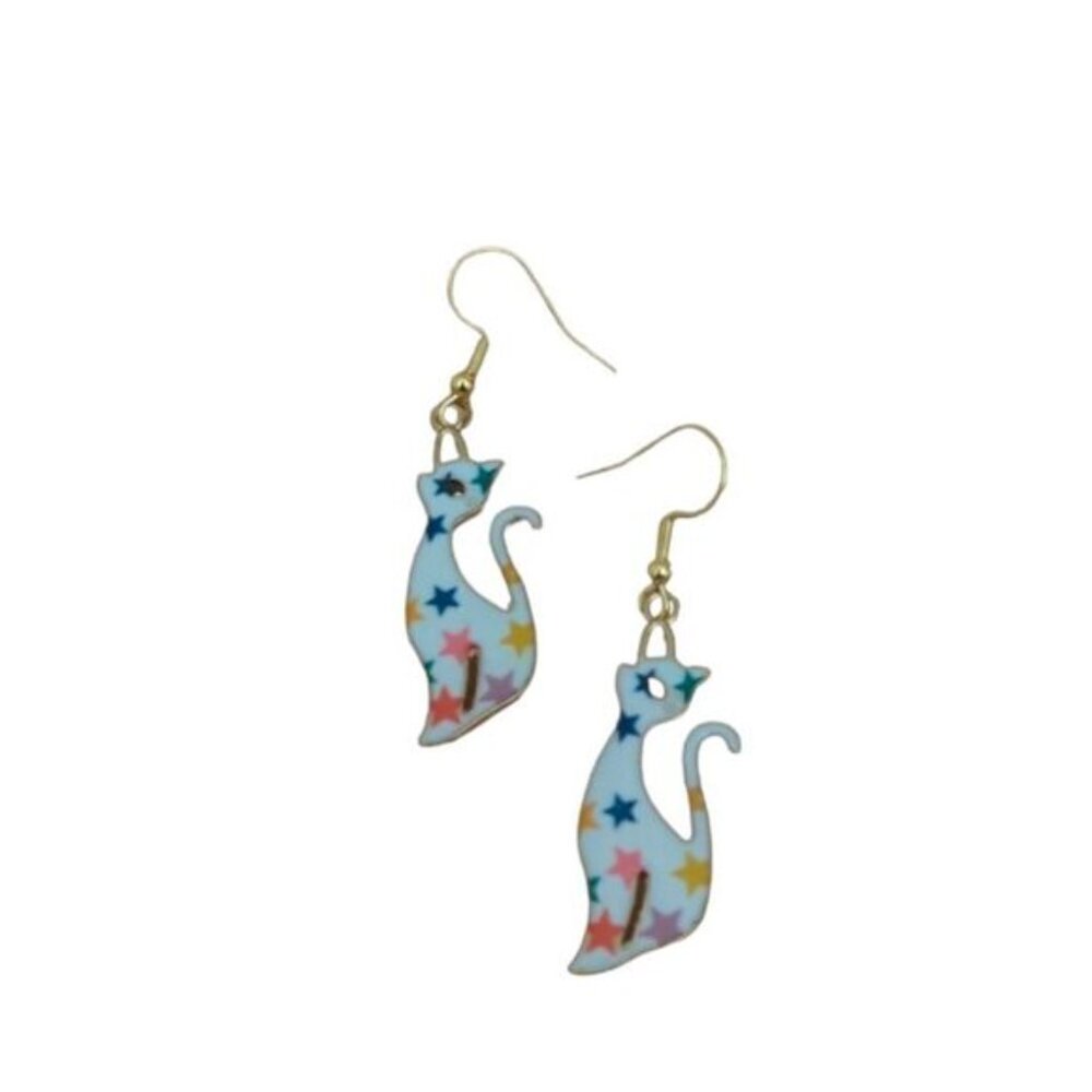 Cat Design Colorful Stars Pattern Kitty Earrings - Picture 2 of 7